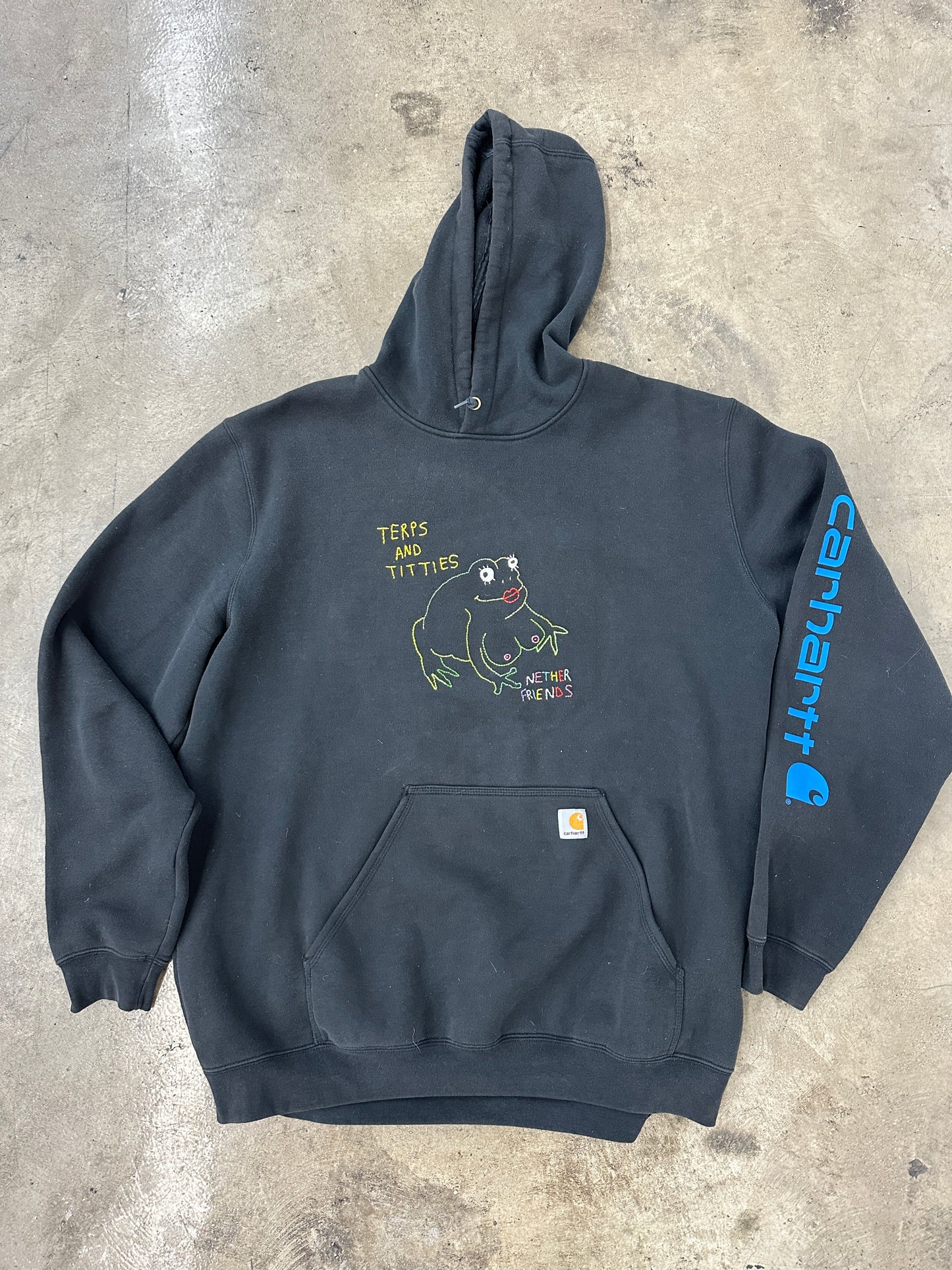 Hand Embroidered Terps and Titties Frog 2XL Carhartt Hoodie